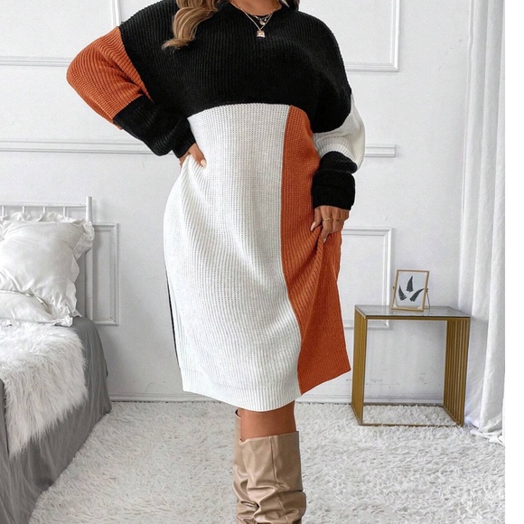 Plus Color Block Knit Long Sleeve Sweater Dress - Picture 1 of 5